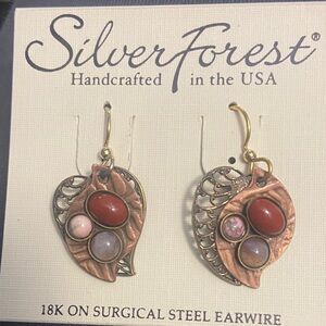 Silver Forest Copper Leaf Earrings with Red and Pink Accents